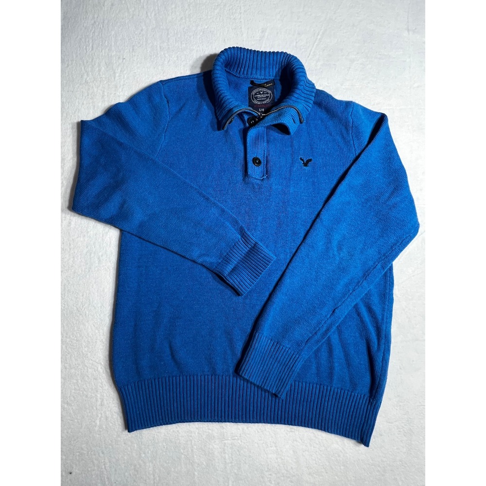American Eagle Mens Athletic Fit Blue Quarter Zip Button Mock Neck Sweater L